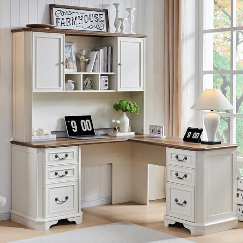 T4TREAM 59" L Shaped Desk with Hutch,Victorian Wood Computer Desk, Featuring Charging Station,File Drawer, Storage Cabinet,for Home Office Work and Study (Antique White)
