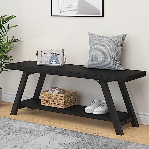 LVB Black Bench, Modern Storage Bench for Bedroom, Wood Metal Entryway Bench for Hallway Dining Living Room, Famrhouse Shoe Rack Indoor Accent Seating Benchs for Foyer Entrance, Black Oak 47 Inch Long