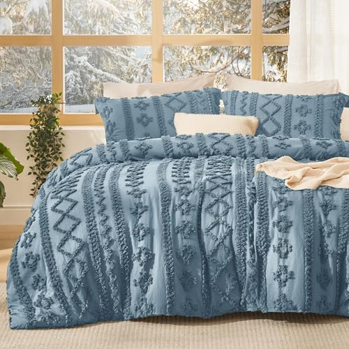 Bedsure Tufted Boho Comforter Set Queen Size - Grayish Blue Boho Bed Set, GentleSoftβ’ 3 Pieces Farmhouse Shabby Chic Embroidery Bedding, Gifts for Woman, Soft Jacquard Queen Comforter for All Seasons