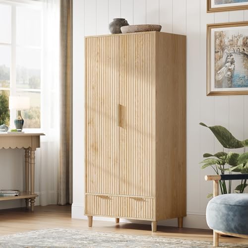 VINGLI Fluted Wardrobe Closet Armoire with Doors And Drawers, Wardrobe Cabinet with Hanging Rack, Bedroom Closet Wood, Oak Free Standing Armoire with Shelf and Solid Wood Legs, 31.5"W*19.7"D*69.3"H