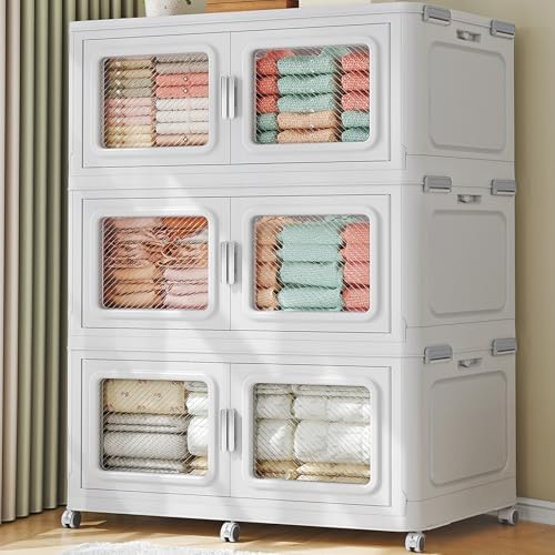 BROVIEW 660 Qt Stackable Storage Bin with Lid, 165Gal Extra Large Collapsible Storage Boxes, Folding Plastic Drawer, Heavy-Duty Store Cabinet, Closet Organizer for Home Kitchen, 3 Pack White