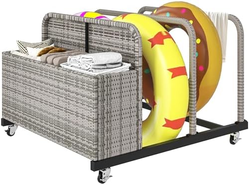 DWVO Pool Float Storage, Pool Storage Bin with PE Rattan,Pool Storage for cushions, Floaties, Noodles, Life Vests, Beach Balls, Patio Furniture (Grey)