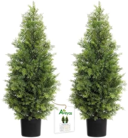 Aveyas 3ft Artificial Cedar Topiary Trees for Outdoor Front Porch Door, 3 Feet Faux Potted Plants Evergreen Fake Pine Cypress Tree for Outside Home Decor (3 ft Tall) - Set of 2 Pack