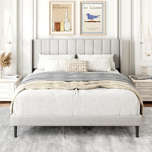 Queen Size Bed Frame with Upholstered Wingback Headboard, Easy Assemnly Platform Bed, Wooden Slat Support No Box Spring Needed, Sand