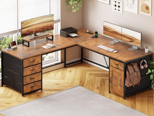 SEDETA L Shaped Desk, 63" Computer Desk with 5 Drawer & Power Outlet, Long Home Office Desk or Corner Desk, L Shaped Corner Desk with Monitor Shelf, Storage Cabinet, Rustic Brown