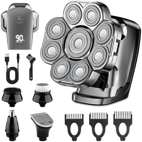 9D Electric Head Shaver for Bald Men, 5 in 1 Bald Head Shavers for Men with Nose Hair Trimmer & Detachable Heads, LED Display, Waterproof Wet & Dry