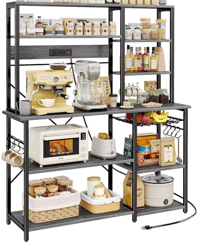 SUPERJARE Larger Bakers Rack with Power Outlets, 6-Tier Microwave Stand, Coffee Bar with 12 S-Shaped Hooks, Kitchen Shelf with Wire Basket, 47.2 x 15.5x 66.9 Inches, Grey