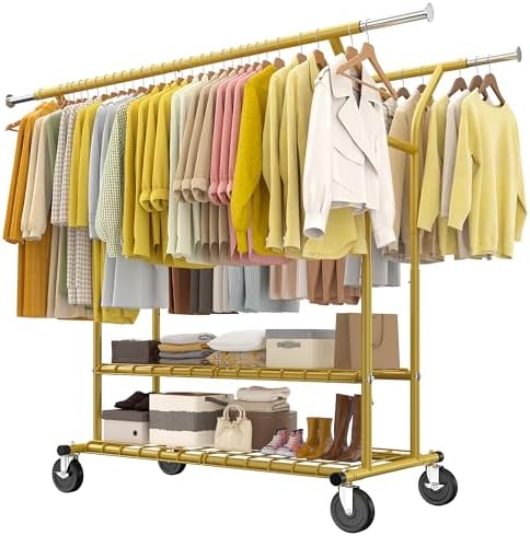 Raybee 74" W Heavy Duty Clothes Rack, Double Rods Gold Clothing Rack Load 630 LBS, Rolling Clothes Racks for Hanging Clothes 400+, Garment Rack with shelves for Bedroom, Laundry Room, Retail Store