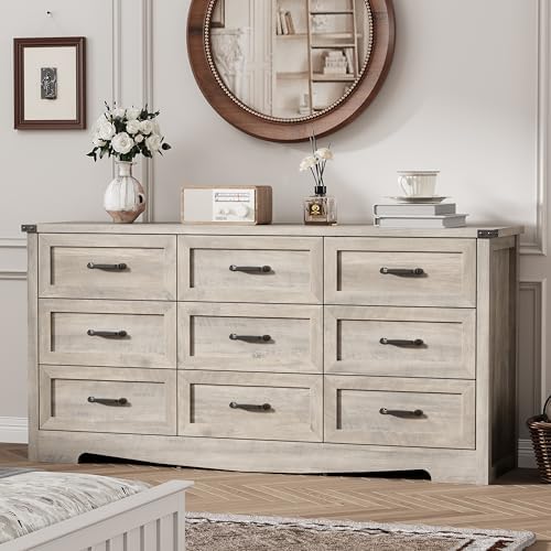 Dresser for Bedroom with 9 Drawers, 59" Wide Wood Chest of Drawers with Deep Drawers & Mental Handle, Modern Dresser TV Stand, Wooden Closet Storage Organizer for Living Room, Hallway, Entryway, Grey
