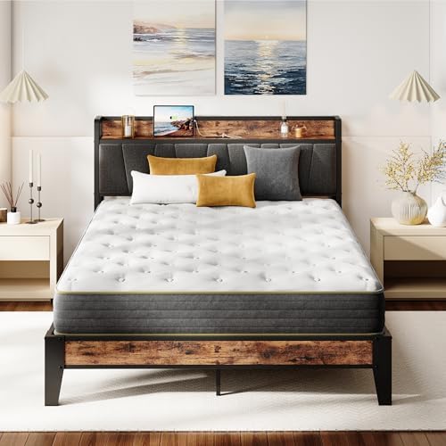 LIKIMIO Full XL Bed Frame, Storage Headboard with Charging Station, Solid and Stable, Noise Free, No Box Spring Needed, Easy Assembly
