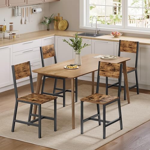 VASAGLE Dining Chair Set of 4, Rustic Wood Chairs with Metal Steel Frame, Easy to Assemble, Comfortable Seat, Modern Farmhouse Chair for Kitchen, Bedroom, Living Room, Rustic Brown and Ink Black