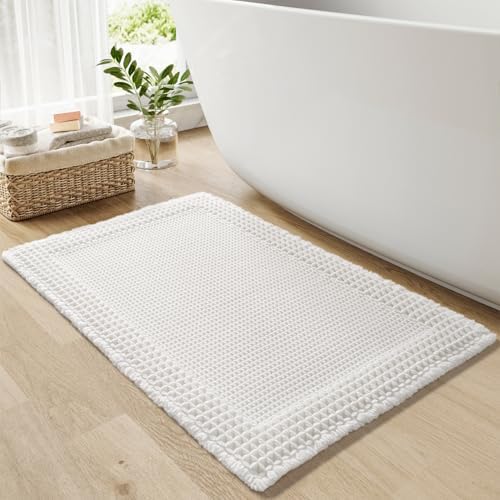 RESARE Waffle Bath Mat for Bathroom, Super Absorbent Bathroom Rugs Non Slip Machine Washable, Ultra Soft Quick Dry Boho Bath Rugs with Tassels for Floor, Upgraded Bordered Design, 24"x36" White