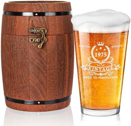 LIGHTEN LIFE 50th Birthday Gifts for Men 16oz,1975 Beer Glass in Barrel Box,50th Birthday Beer Glass,50th Birthday Gift Ideas,1975 Pint Glass for 50 Years Old Dad,Husband,50th Beer Glass