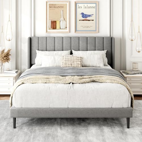 Queen Size Bed Frame with Upholstered Wingback Headboard, Easy Assemnly Platform Bed, Wooden Slat Support No Box Spring Needed, Light Gray