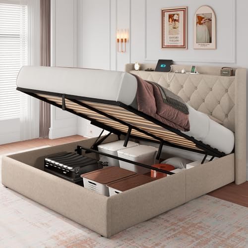 iPormis Queen Size Lift Up Storage Bed Frame with Charging Station, Upholstered Platform Bed Frame with Tufted Headboard, Hydraulic Storage, No Box Spring Needed, Noise-Free, Easy Assembly, Beige
