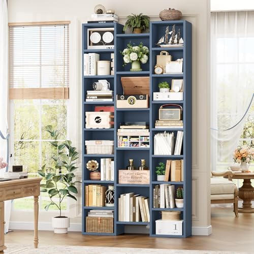 FOTOSOK 71’’ Tall Bookshelf, Triple Wide Bookshelf with Adjustable Shelves, 8 Tier Media CD DVD Storage Tower Rack, Diaplay Cabinet Shelf, DVD Storage Shelf for Home Office, Blue