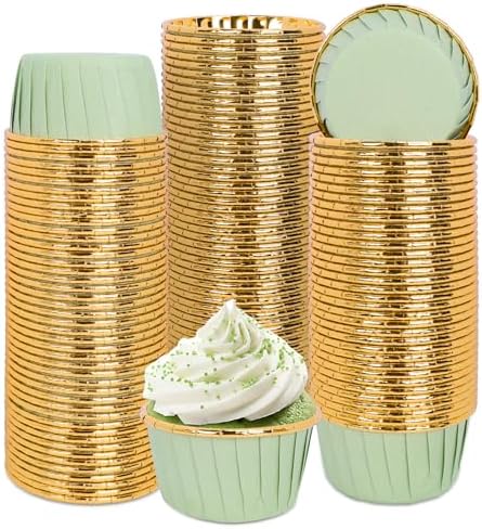 Whaline 100Pcs Sage Green Foil Cupcake Liners Green Baking Cup Foil Metallic Muffin Liners Cupcake Wrappers for Wedding Bridal Shower Birthday Party Supplies