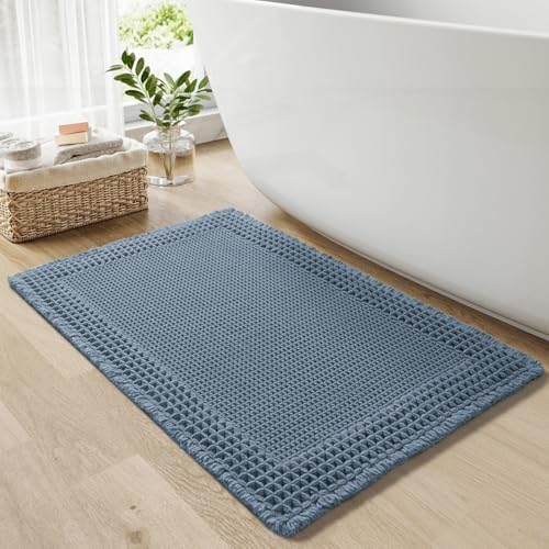 RESARE Waffle Bath Mat for Bathroom, Super Absorbent Bathroom Rugs Non Slip Machine Washable, Ultra Soft Quick Dry Boho Bath Rugs with Tassels for Floor, Upgraded Bordered Design, 24"x36" Blue