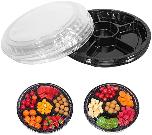 mwellewm 10 Pcs Round Plastic Appetizer Tray with Lid Divided Serving Tray, Disposable Food Storage Containers, Kids Snack, Fruit Platter Vegetable Trays for Party and Buffet