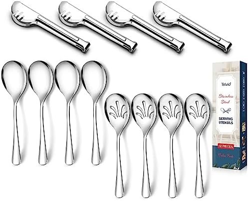 Stainless Steel Metal Serving Utensils - Large Serving sets-10" Spoons, 10" Slotted Spoons and 9" Tongs by Teivio (Silver, Set of 12)