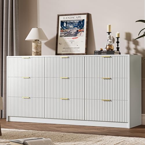 White Dresser for Bedroom, 9 Drawer Double Dresser, Modern Chest of Drawers for Bedroom, Living Room, Entryway and Closet, 63" L x 15.7" D x 31.5" H