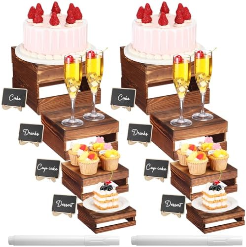 Lallisa 8 Pcs Buffet Risers with Mini Signs Bulk Food Risers for Table Rustic Wood Cake Stands Buffet Crate Wooden Dessert Display Stand with Hollow Bottoms for Wedding Birthday(Vintage Brown)