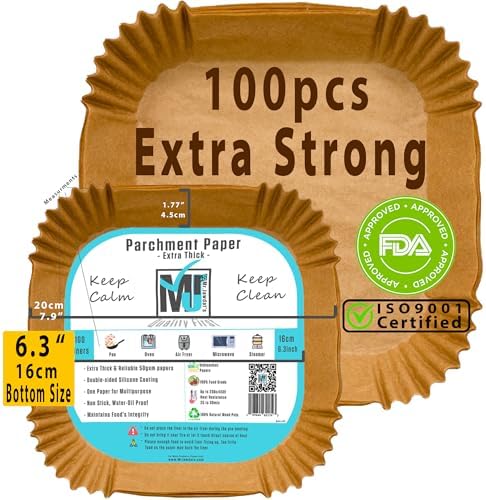 ((Extra Strong)) Air Fryer Disposable Paper Liner 100Pcs, Mr.Jawdat's Strong AirFryer Liners, Non-Stick Liner for Air Fryer and Microwave, Free of Bleach (Square, Bottom Size 6.3inch)