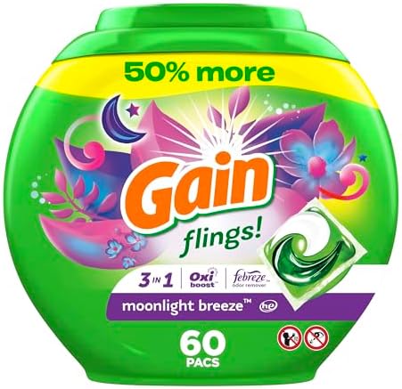 Gain flings! Laundry Detergent Soap Pacs HE Compatible 60 ct Long Lasting Scent Moonlight Breeze