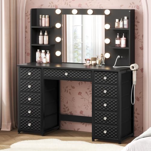 Vanity with Lights and Mirror, 11 Drawer Makeup Vanity with Power Strip, 6 Open Shelves, 43.3” Vanity Desk with Storage, Dressing Table with 3 Color Modes for Bedroom, Women, Girls, Black