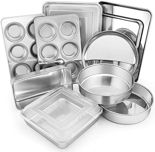 E-far 12-Piece Stainless Steel Bakeware Sets, Metal Baking Pan Set Include Round Cake Pans, Square/Rectangle Baking Pans with Lids, Cookie Sheet, Loaf/Muffin/Pizza Pan, Non-toxic & Dishwasher Safe