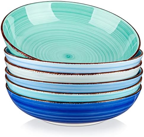 vancasso Bonita Pasta Bowls Set of 6, 38 oz Shallow Bowls, Ceramic Pasta Plates and Salad Bowls, Microwave & Dishwasher Safe Serving Bowls, Blue