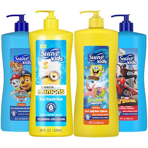 Suave Kids 3-in-1 Variety 4-Pack – Spiderman Spider-Sense, SpongeBob SquarePants JellyFish Splash, Paw Patrol Adventure Bay Breeze, and Minions Tear-Free Shampoo, Conditioner & Body Wash, 28 Oz Ea