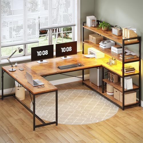 SEDETA L Shaped Desk with Storage Shelves, 63” Reversible U Shaped Office Desk, Gaming Desk with Power Outlet and LED Lights for Home Office, Rustic Brown