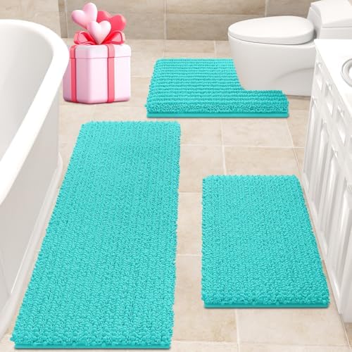 ACCUMTEK Upgrade Extra Large Teal Green Bathroom Rug Set 3 Pieces Ultra Soft, Thick Absorbent Bath Mats, Non Slip Chenille Toilet Mat for Bathroom, Bedroom, Kitchen, Turquoise