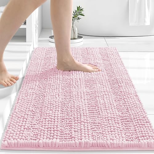 Grandaily Chenille Striped Bathroom Rugs 24x16, Extra Thick and Absorbent Bath Mats, Non-Slip Soft Plush Shaggy Shower Carpet, Machine Wash Dry, Bath Rug for Bathroom, (Small, Pink)