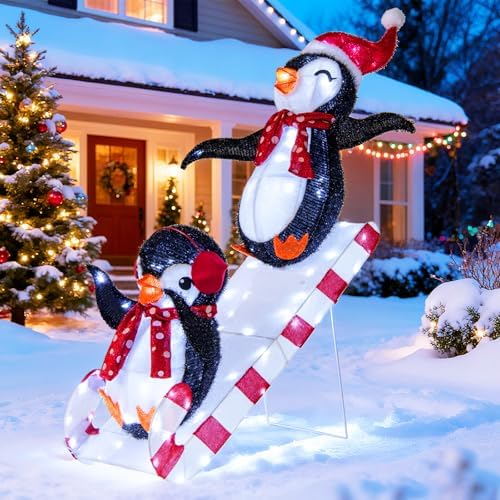 Tangkula Lighted Christmas Decoration Penguins, 3D Pre-Lit Penguins Slide with 170 LED Lights for Home Lawn Yard Garden Porch Party, Indoor Outdoor Lighted Xmas Holiday Decoration