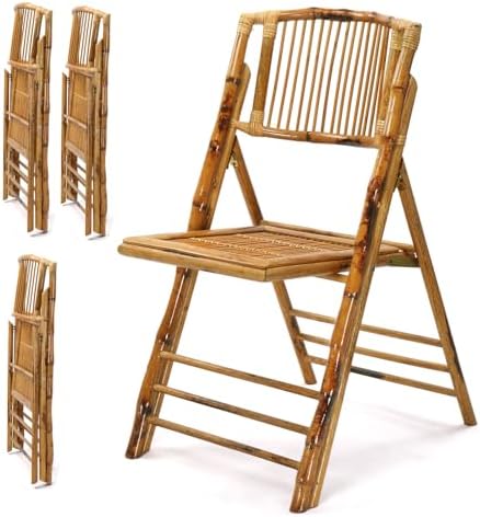 VINGLI Bamboo Folding Chair, Foldable Dining Wood Chairs Comfortable Seat for Outdoor & Indoor, Patio, Porch, Wedding, Party, Event,Brown (4 Pack)