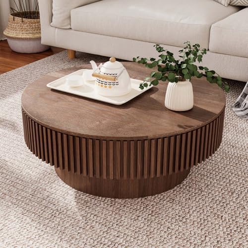 Round Coffee Table with Storage, Modern Wooden Coffee Table with Solid Wood Veneered, Circle Center Table Accent Tea Table for Living Room Apartment Small Space (31.5''L × 31.5''W × 14''H, Walnut)