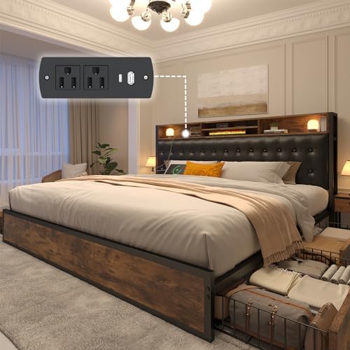 EnHomee King Size Bed Frame with 4 Storage Drawers, King Bed Frame and Headboard with Built in Charging Station,No Noise,No Box Spring Needed,Vintage Brown