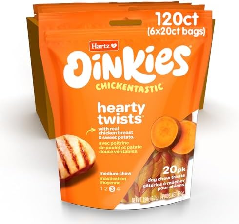 Hartz Oinkies Hearty Twists with Real Chicken & Sweet Potato Rawhide-Free Dog Treats, Highly Digestible Dog Chews, 120 CT