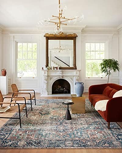 Loloi Margot Collection MAT-02 Terracotta/Lagoon 7'-6" x 9'-6" Area Rug, No-Shed Easy Clean Large Patterned Area Rug for Living Room, Bedroom, Dining Area