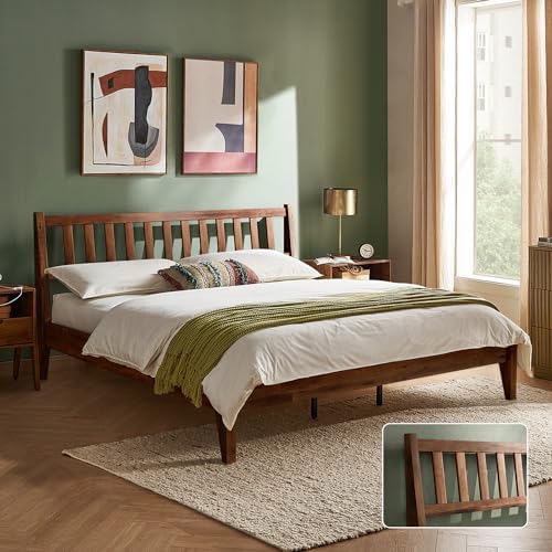 mopio Ted Bed Frame with Headboard, Mid Century Modern Acacia Solid Wood Platform Bed Frame, Wooden Slats, No Box Spring, Double Metal Bar Support (Solid Wood, King (U.S. Standard))