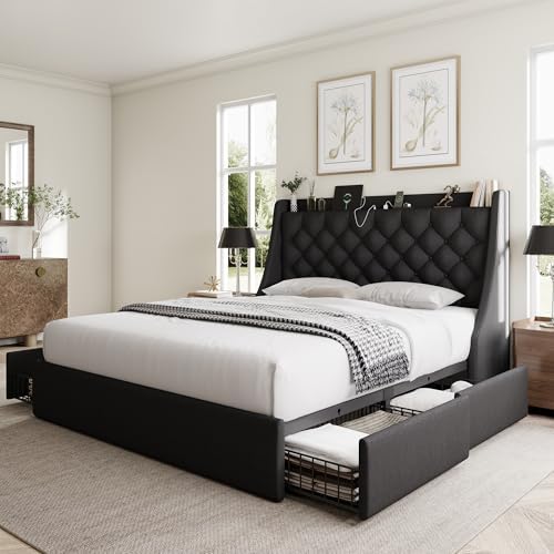 Queen Bed Frame with 4 Storage Drawers, Giant Upholstered Wingback Headboard, Fast Charging Station, No Box Spring Needed, Noise-Free, Black