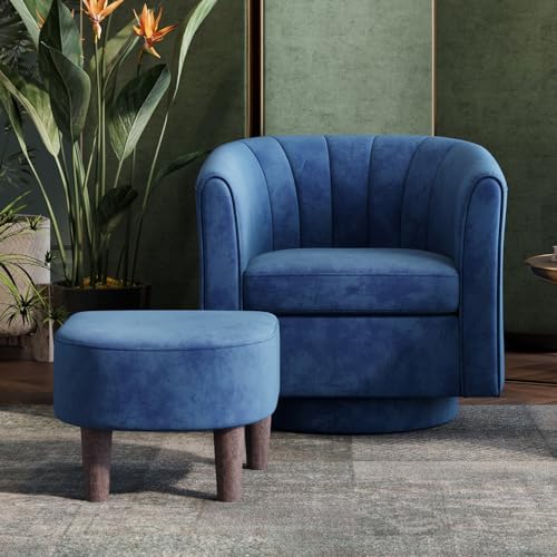 LINSY Swivel Accent Chair with Ottoman: Small Velvet Barrel Chair 360 Swivel Modern Armchair, Upholstered Reading Chair with Footrest for Living Room Bedroom Study Room (Blue)