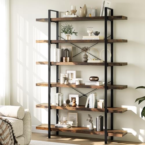 Heavy Duty 6-Tier Industrial Bookcase, 47" Wide Wood Bookshelf for Home Office, 120lbs Shelf Capacity, Rustic Open Shelving Display with Reinforced Horizontal Shelf for Living Room Bedroom