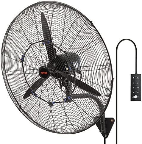 VEVOR 30 Inch Wall-Mount Misting Fan, 3-speed IP44 Waterproof Oscillating, Max. 9500 CFM Wall Mounted Fan for Outdoor, Commercial, Residential, Greenhouse, Workshop, Patio, Black, ETL Listed