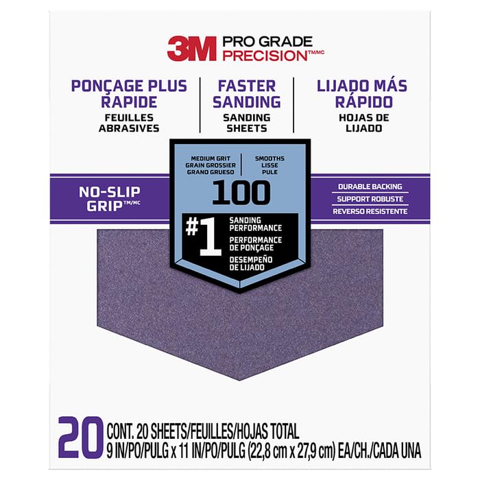 3M 5-Pack of 9' x 11' 100-Grit Tri-20 Pro Grade Precision No-Slip Grip Sanding Sheet, Paper Backed, Aluminum Oxide Grit, Compatible with Wood & Metal, Suitable for Various Sanders