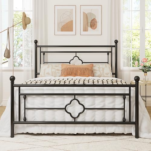 Allewie Queen Size Metal Platform Bed Frame with Victorian Vintage Headboard and Footboard/Mattress Foundation/Under Bed Storage/No Box Spring Needed/Noise-Free/Easy Assembly, Black