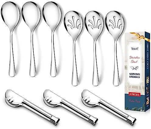 Teivio Stainless Steel Metal Serving Utensils - Large Set of 9-10" Spoons, 10" Slotted Spoons, and 9" Tongs (Silver)