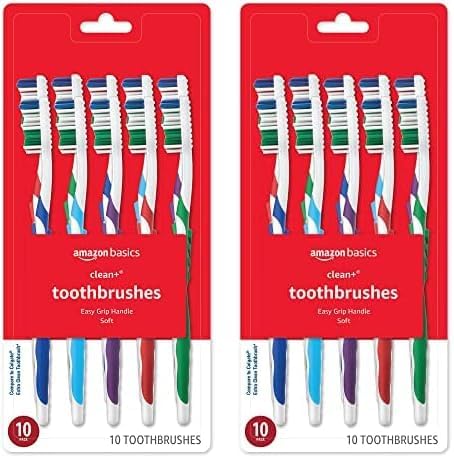 Amazon Basics Clean Plus Toothbrushes, Soft, Full, 10 Count, Assorted Colors (Previously Solimo) (Pack of 2)